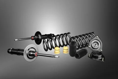 3D rendering. Passenger car Shock Absorber with dust cap, buffer mounting and Stock Photos