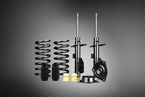 3D rendering. Passenger car Shock Absorber with dust cap, buffer mounting and Stock Photos