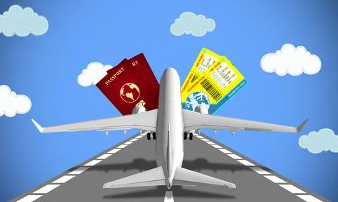 3D rendering a passenger plane takes off against the background of a passport Stock Illustration