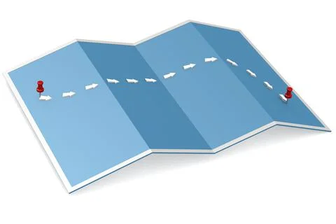 A 3D rendering of a path from point to point on a blue map isolated on a whit Illustrazione stock
