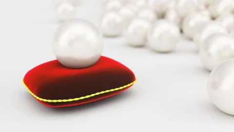 3d rendering of a pearl on a soft red velvet pillow with a gold stroke Stock-Illustration