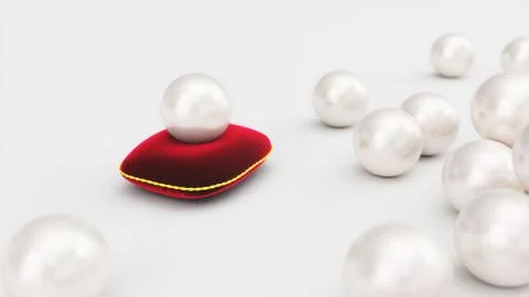 3d rendering of a pearl on a soft red velvet pillow with a gold stroke Stock Illustration