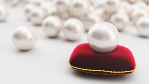 3d rendering of a pearl on a soft red velvet pillow with a gold stroke Stock Illustration