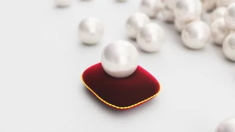 3d rendering of a pearl on a soft red velvet pillow with a gold stroke Stock Illustration