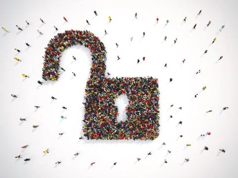 3D Rendering of people forms an open lock Illustrazione stock