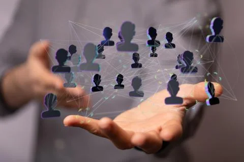 A 3D rendering of people silhouettes in the network team with a real person h Stockfoto's