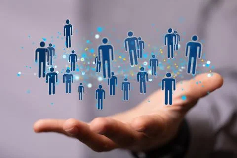 A 3D rendering of people silhouettes in the network team with a real person h 写真素材