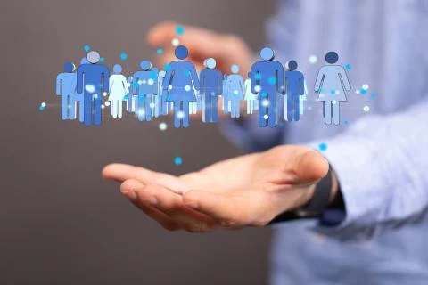 A 3D rendering of people silhouettes in the network team with a real person h Foto stock
