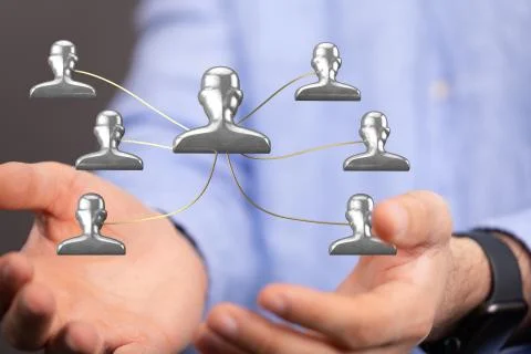 A 3D rendering of people silhouettes in the network team with a real person h Stock Photos