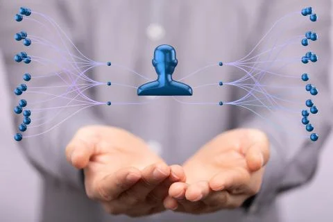 A 3D rendering of people silhouettes in the network team with a real person h Stock Photos