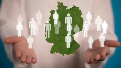A 3D rendering of people silhouettes in the network team with a real person h Stockfoto's