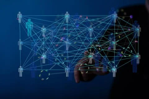 A 3D rendering of people silhouettes in the network team with a real person r Foto stock