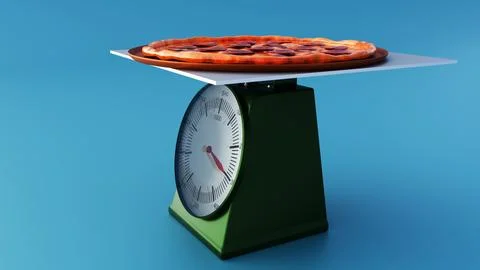 A 3d rendering of pepperoni pizza on a table scale. Stock Illustration