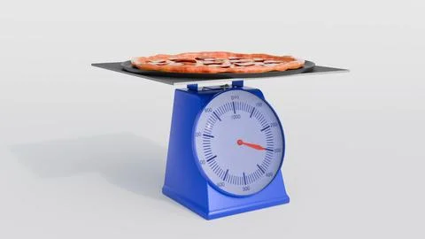 A 3d rendering of pepperoni pizza on a table scale. Stock Illustration