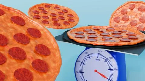 A 3d rendering of pepperoni pizza on a table scale. Stock Illustration