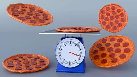 A 3d rendering of pepperoni pizza on a table scale. Stock Illustration