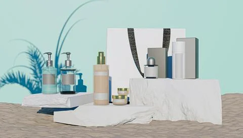 3d rendering of perfumery and cosmetics products display for the creation of  Stock Photos