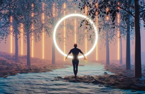 3D rendering of person with magic portal in glowing forest. Sci fi scene Stock Illustration