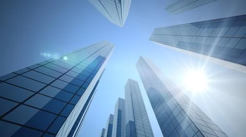 3d rendering. Perspective view, the skyscraper is directed to the sky and Sun Stock Illustration