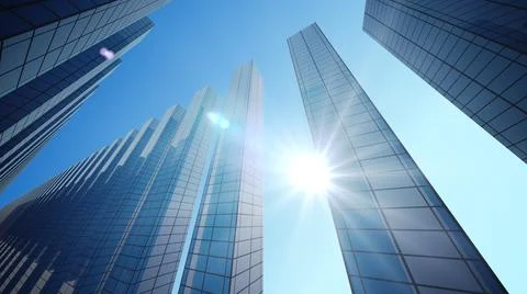 3d rendering. Perspective view, the skyscraper is directed to the sky and Sun Stock Illustration