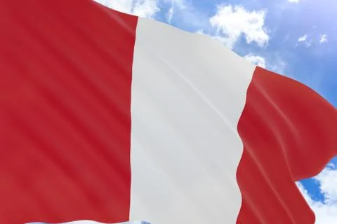 3D rendering of Peru flag waving on blue sky background Foto stock