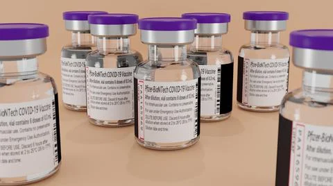 3D rendering Pfizer Covid 19 vaccine immunization vials isolated on background Stock Illustration