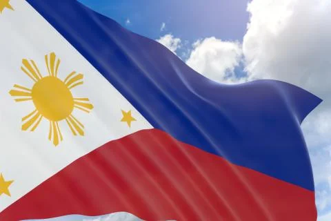 3D rendering of Philippines flag waving on blue sky background, Stock Photos