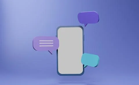 3d rendering of a phone with chat bubbles around it on a blue background, Stock Illustration