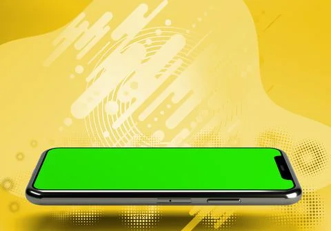 3D rendering of a phone with a green screen floating on yellow tech backgroun Stock Illustration