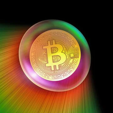 3d rendering of a physical golden bitcoin in a soap bubble Illustrazione stock