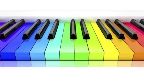 3d rendering of a piano with rainbow colored keys background Stock Illustration