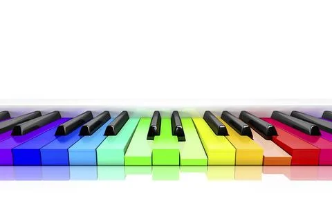 3d rendering of a piano with rainbow colored keys background Stock Illustration