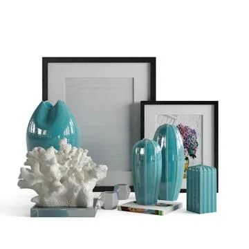 3D rendering of picture frames behind blue vases and a white rock decoration on Stock-Illustration