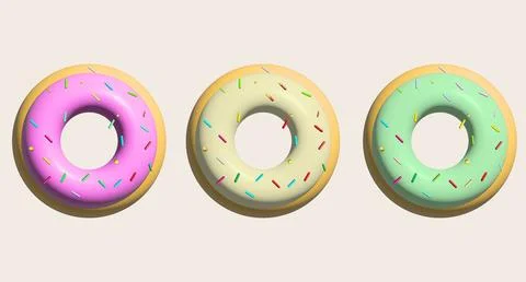 3d rendering picture.Delicious glazed doughnuts with sprinkles. View from a.. Illustrazione stock