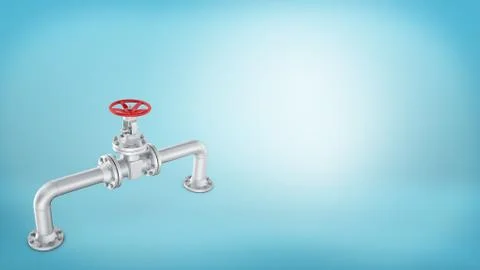 3d rendering of a piece of a curved chrome pipe with a red round wheel valve on イラスト素材