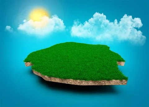 3D rendering of a piece of grass-covered land with the sky in the background Stock Illustration