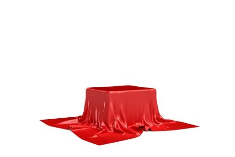 3d rendering of a piece of red satin clothes is likely to hide a box isolated on Stock Illustration
