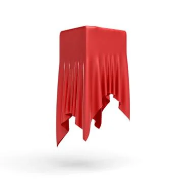 3d rendering of a piece of red satin clothes is hiding a box on the center Stock-Illustration