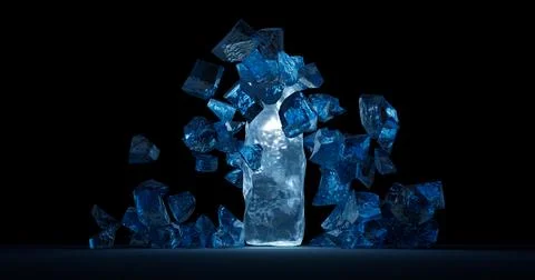 3d rendering. Pieces of blue transparent ice on a black isolated background. 스톡 일러스트