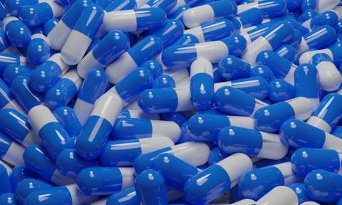 3D rendering of pile of blue and white capsules Stock Illustration