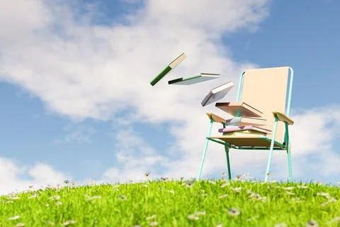 3D rendering of pile of books flying from chair on grassy field Stock Illustration