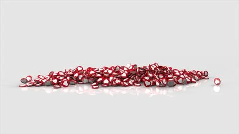 3D rendering of pile red round hearts icons on a white background. Symbols of Stock Photos
