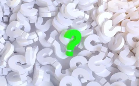 A 3D rendering of a pile of white question mark symbols and a bright green on Stock Illustration