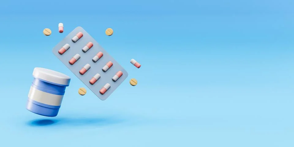 3D rendering of pill bottle and capsules in blister pack with copy space Stock Illustration