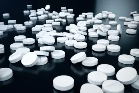 3D rendering pills, white pills scattered on black background. Medicines for Stock Illustration