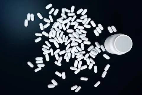 3D rendering pills, white pills scattered on black background. Medicines for Stock Illustration