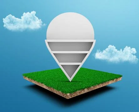 3d rendering of a pin icon on a cubical soil with grass on a blue sky background Stock Illustration