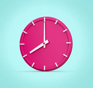 3D rendering of a pink analog clock isolated on a light blue background Stock Illustration