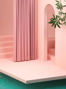 3D rendering of pink balcony with curtains and arch entrance Stock Illustration