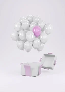 3D Rendering pink blue balloon floating from gift box on background concept.. Stock Illustration